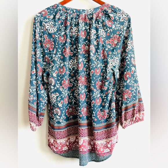 Beach Lunch Lounge size Large Navy Blue & Red Floral Boho Peasant Tunic Top - Picture 6 of 14